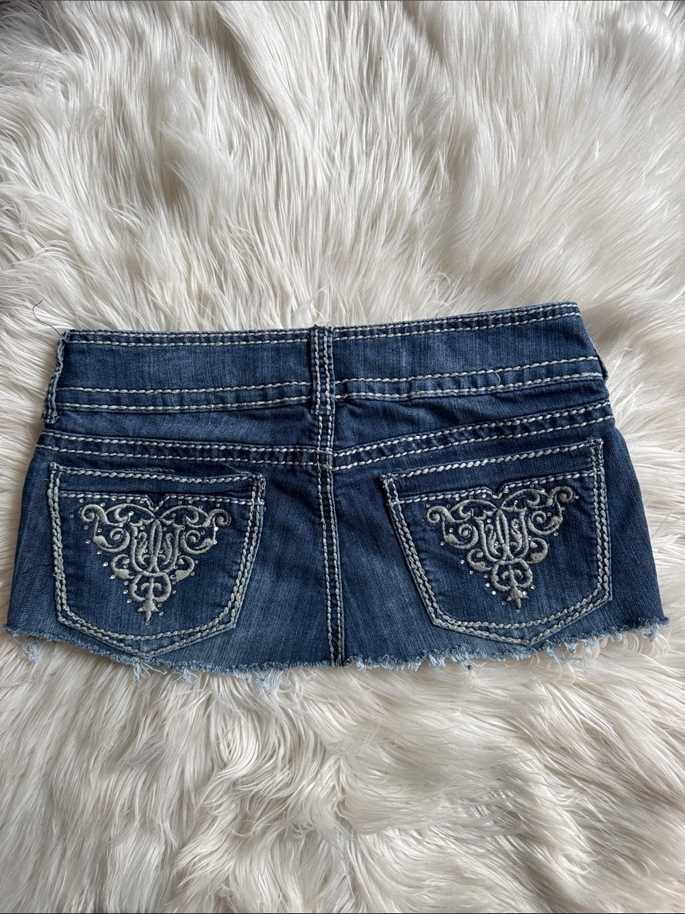 Embroidered Dark Blue Denim Y2K Mini Skirt Upcycled by Cursed Kitty Clothing